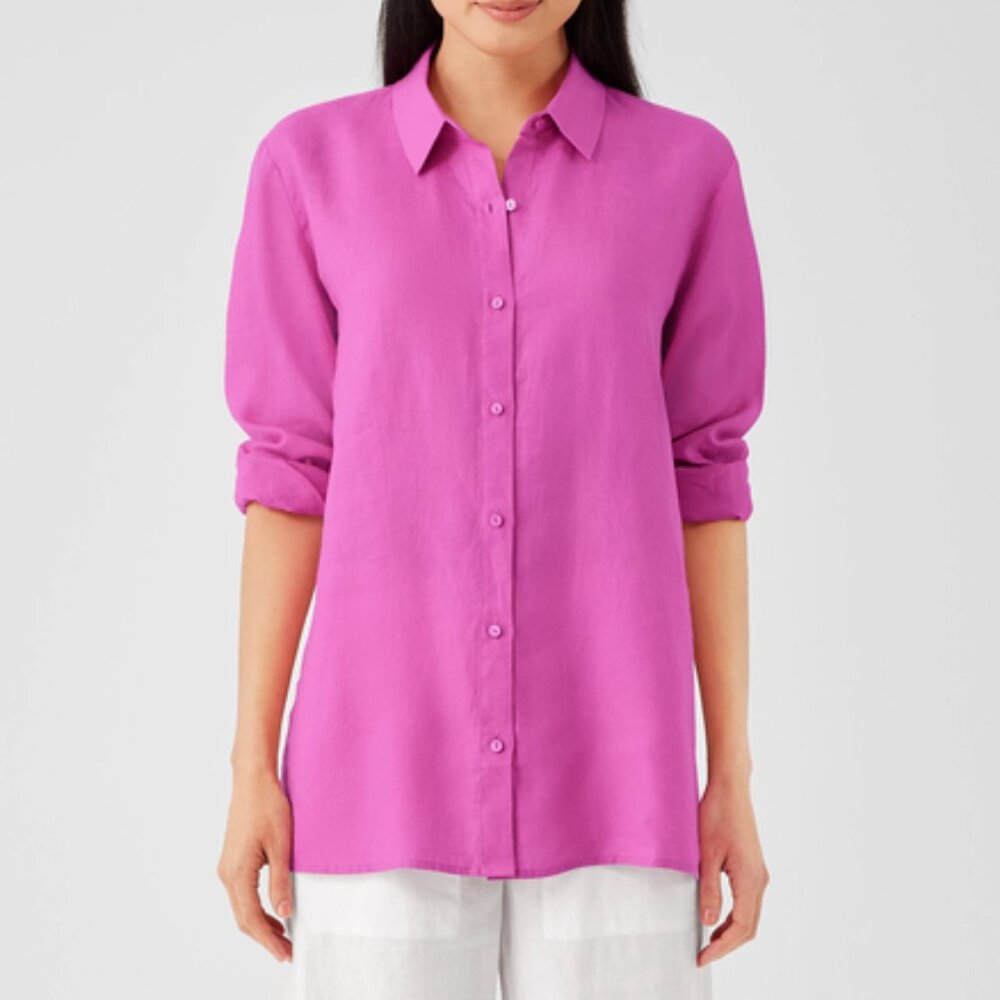 NWT Eileen Fisher TULIP Garment-Dyed Handkerchief linen Classic Collar Shirt…